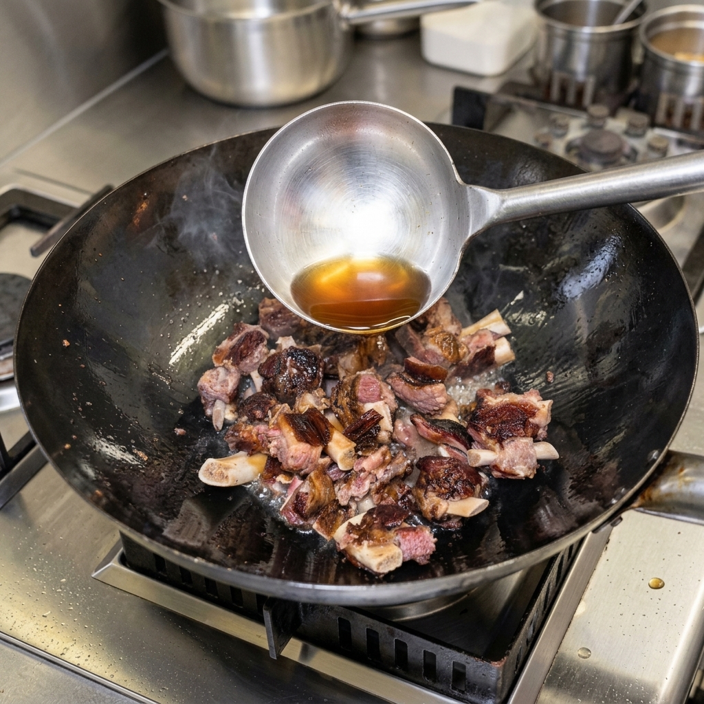 볶아진 갈비 위로 깊은 색감과 감칠맛을 더해줄 노추를 금속 국자로 붓는 모습.