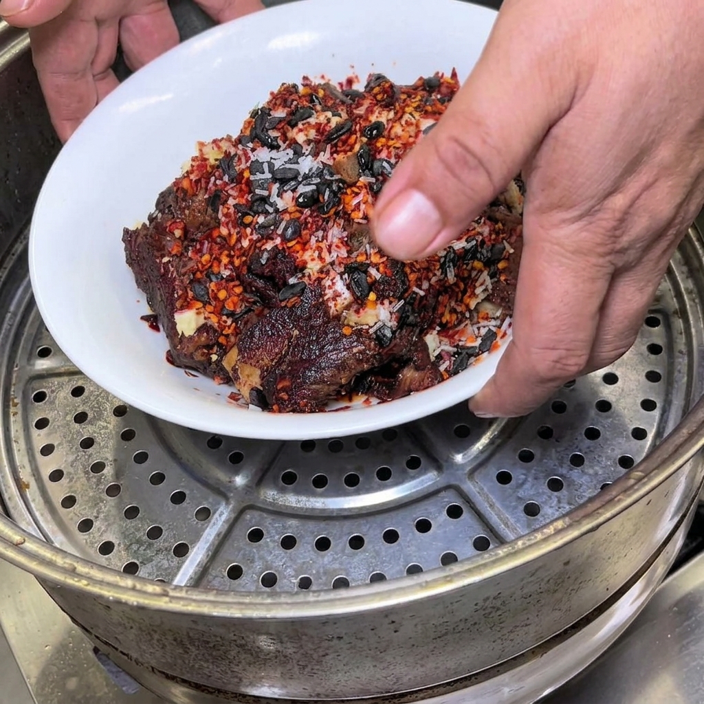 두시가 얹어진 양념된 돼지갈비 그릇을 둥근 금속 찜기 안에 넣는 모습.