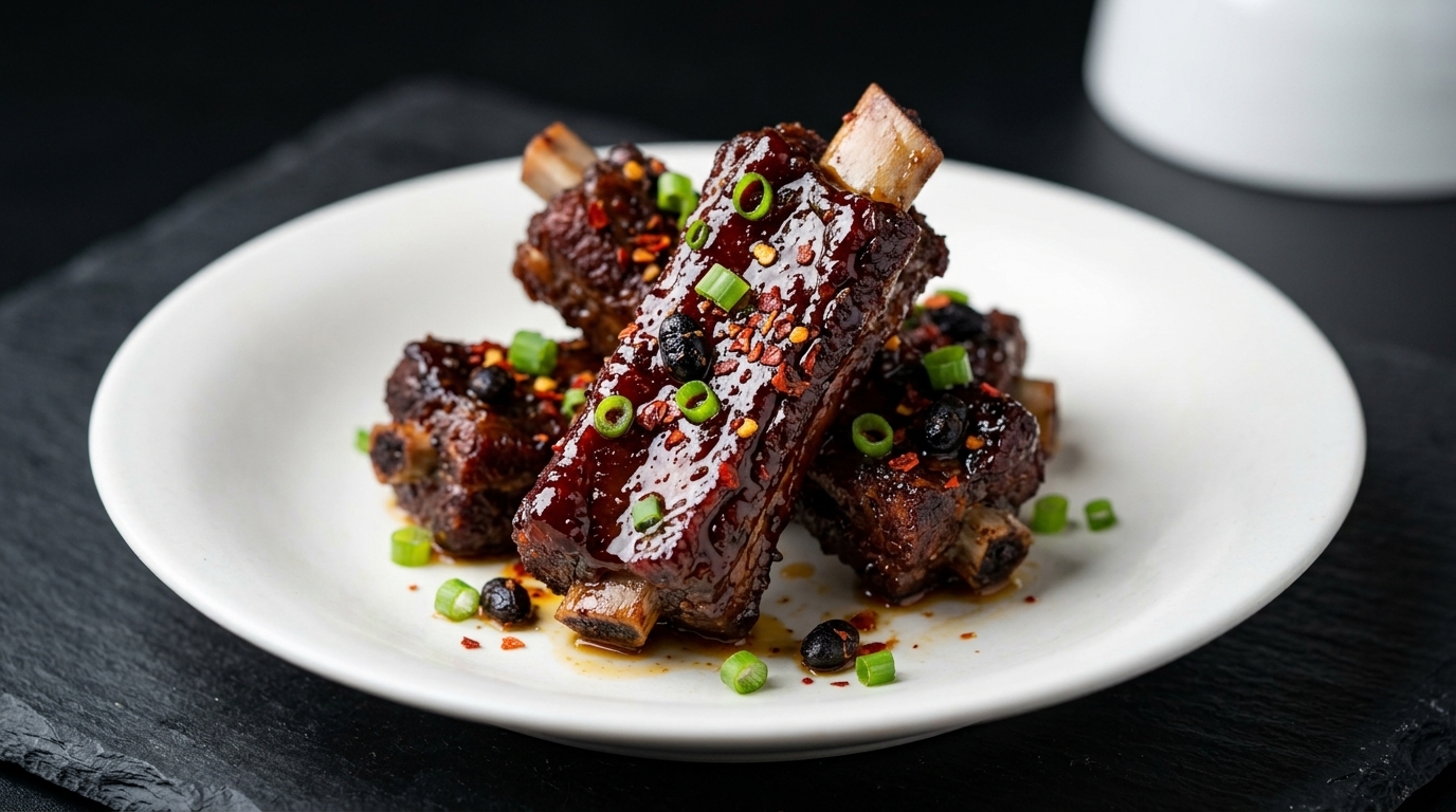 두시, 고춧가루, 신선한 파로 맛을 내어 윤기가 흐르는 매콤한 후난식 훈제 돼지갈비찜 한 접시.