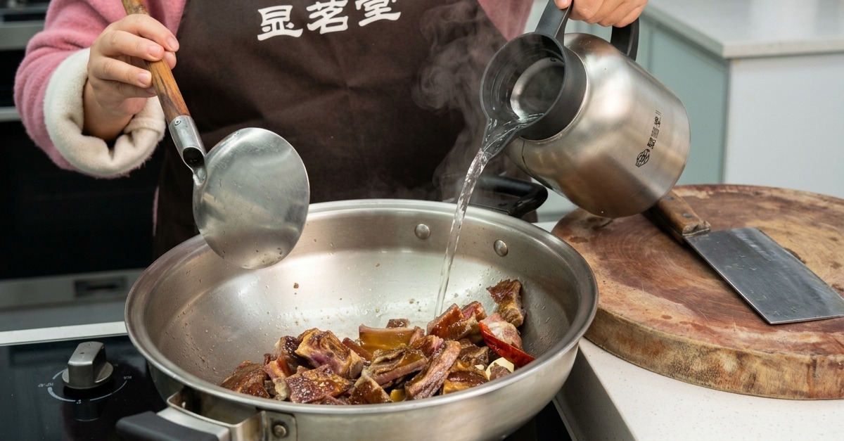 훈제 등갈비와 향신 채소가 담긴 웍에 스테인리스 보온병으로 끓는 물을 붓는 모습.