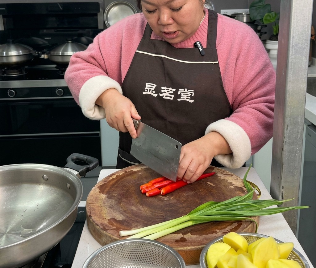 나무 도마 위에서 신선한 홍고추를 썰고 있는 여성의 손과 그 옆에 놓인 푸른 풋마늘대의 모습.