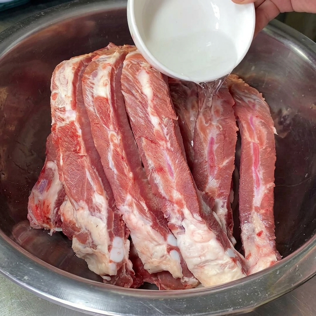 스텐 볼에 담긴 생돼지등갈비 위로 작은 볼에 담긴 투명한 고도수 백주를 붓는 모습.