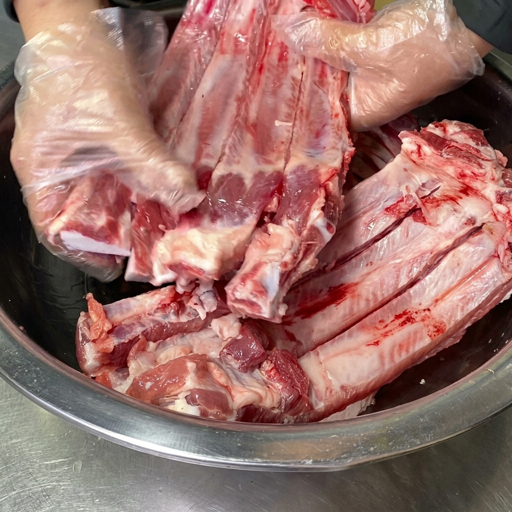 스텐 볼 안에서 장갑을 낀 손으로 생돼지등갈비 구석구석 투명한 술을 문지르며 마사지하는 모습.