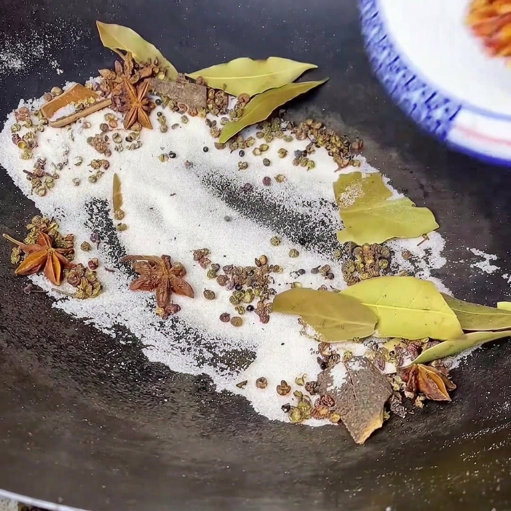 잘 볶아진 소금, 월계수 잎, 팔각 등이 담긴 웍에 그릇으로 붉은 고춧가루를 붓는 모습.