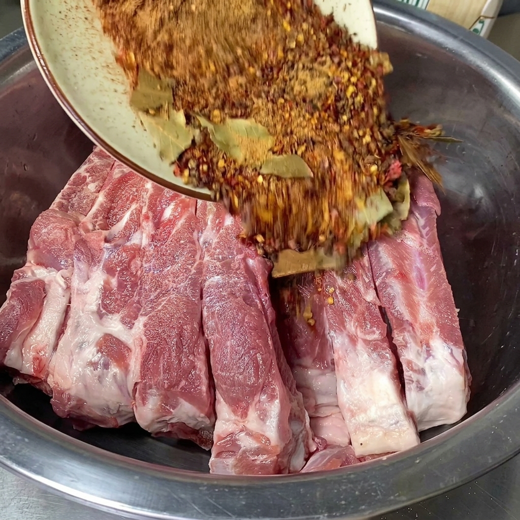 스텐 볼에 담긴 생돼지등갈비 위로 완전히 식힌 붉은빛의 향신료 소금을 그릇째 붓는 모습.