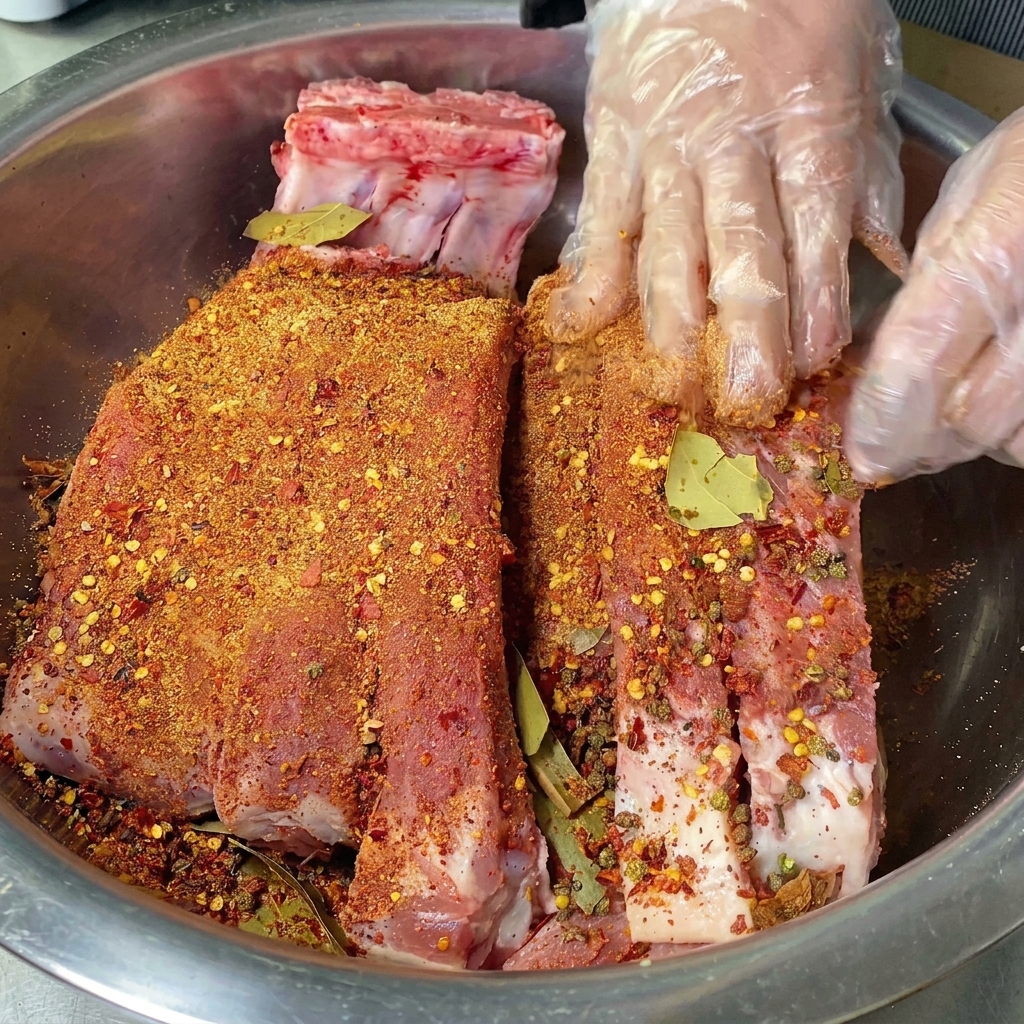 볼 안에서 장갑을 낀 손으로 길쭉한 돼지등갈비에 붉은색 양념 소금을 힘있게 문지르는 모습.