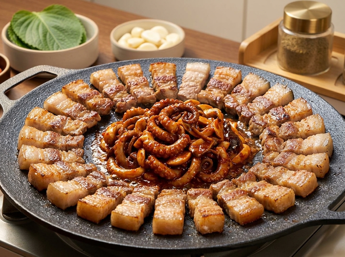 둥근 철판 가장자리에 삼겹살을 동그랗게 두르고, 중앙의 빈 공간에 빨갛게 양념된 오징어와 양파를 소복하게 채워 넣은 모습.