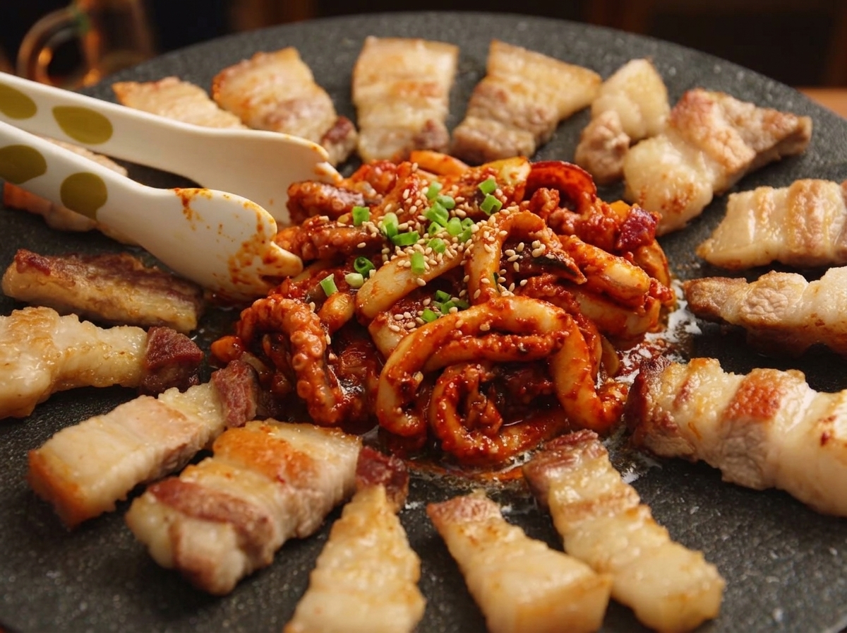 둥글게 놓인 삼겹살 한가운데에 통깨와 대파가 고명으로 올라간 매콤한 양념 오징어가 푸짐하게 놓인 모습