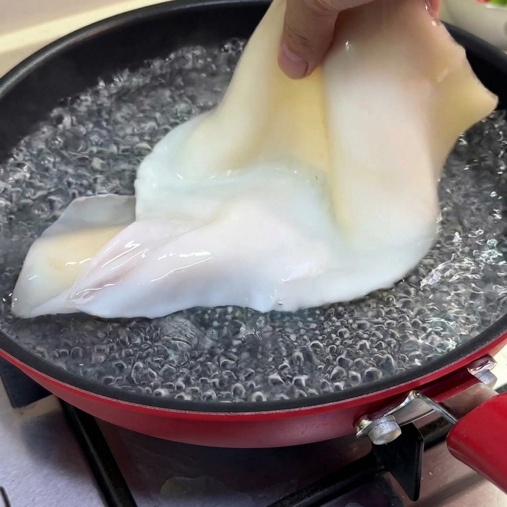 끓는 물에 손질된 통오징어를 조심스럽게 넣고 있는 모습.