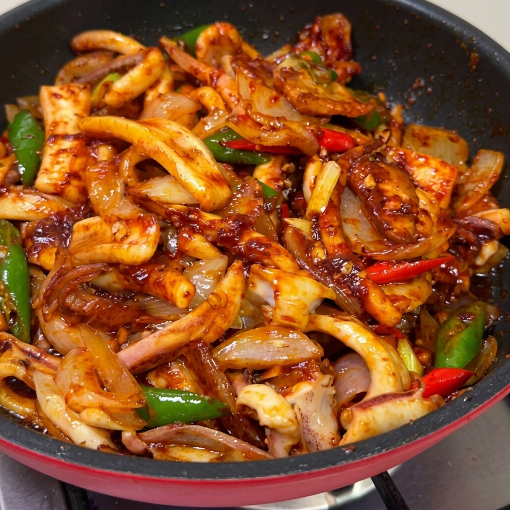 붉고 윤기 나는 고추장 양념이 삼겹살과 오징어에 쏙 배어 맛있게 볶아진 오삼불고기.