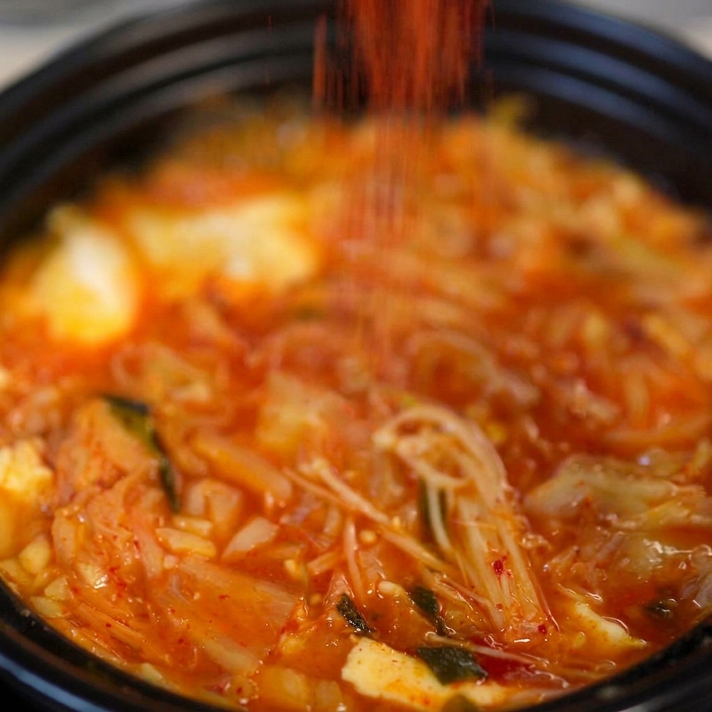 검은색 뚝배기 속 끓고 있는 붉은 김치찌개 국물에 새빨간 고춧가루를 한 숟가락 뿌리는 모습