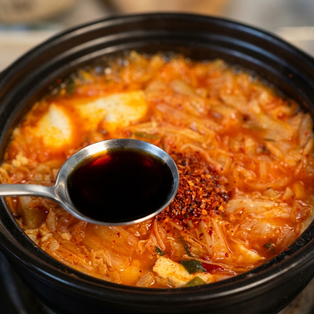 끓고 있는 뚝배기 속 고춧가루와 국물 위로 쇠숟가락을 이용해 국간장을 부어 넣는 모습