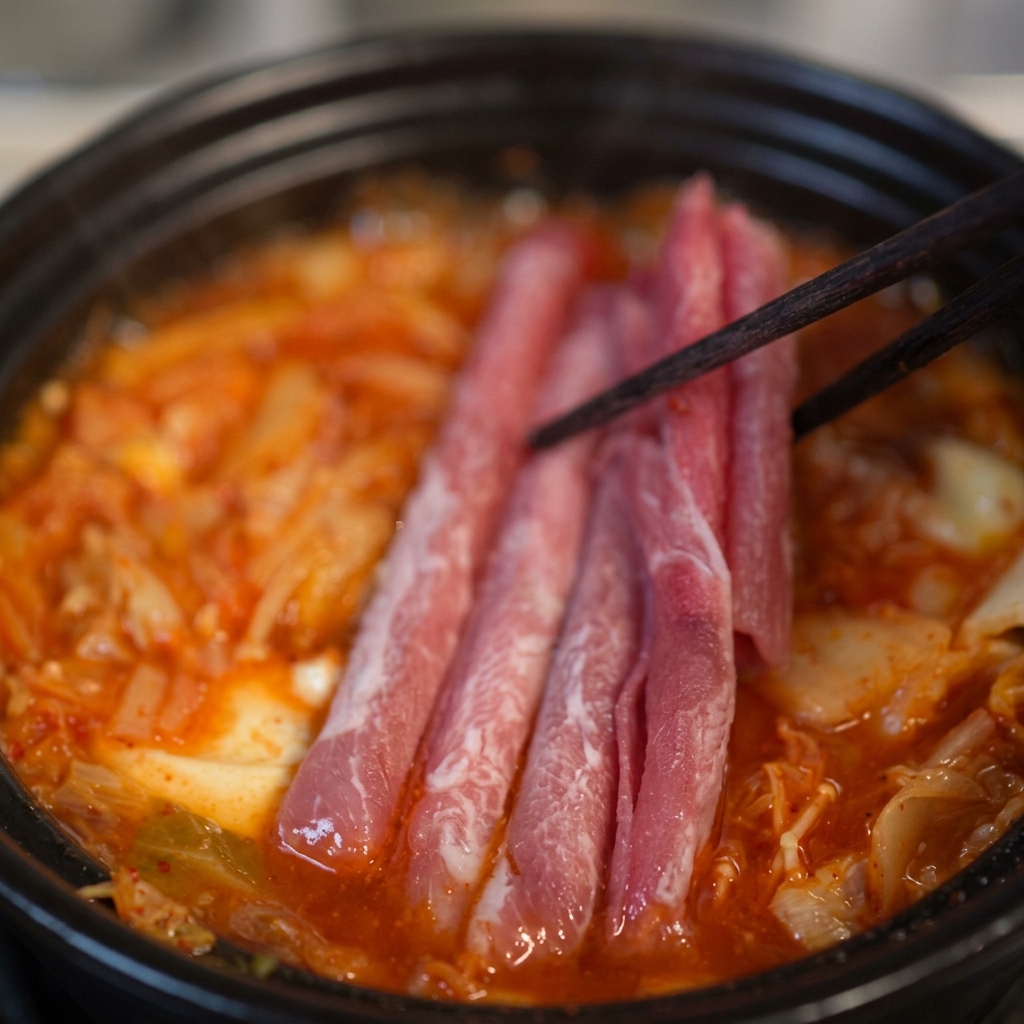 젓가락으로 선홍빛 마블링이 있는 얇은 우삼겹 고기를 끓고 있는 새빨간 김치찌개 국물에 넣는 모습