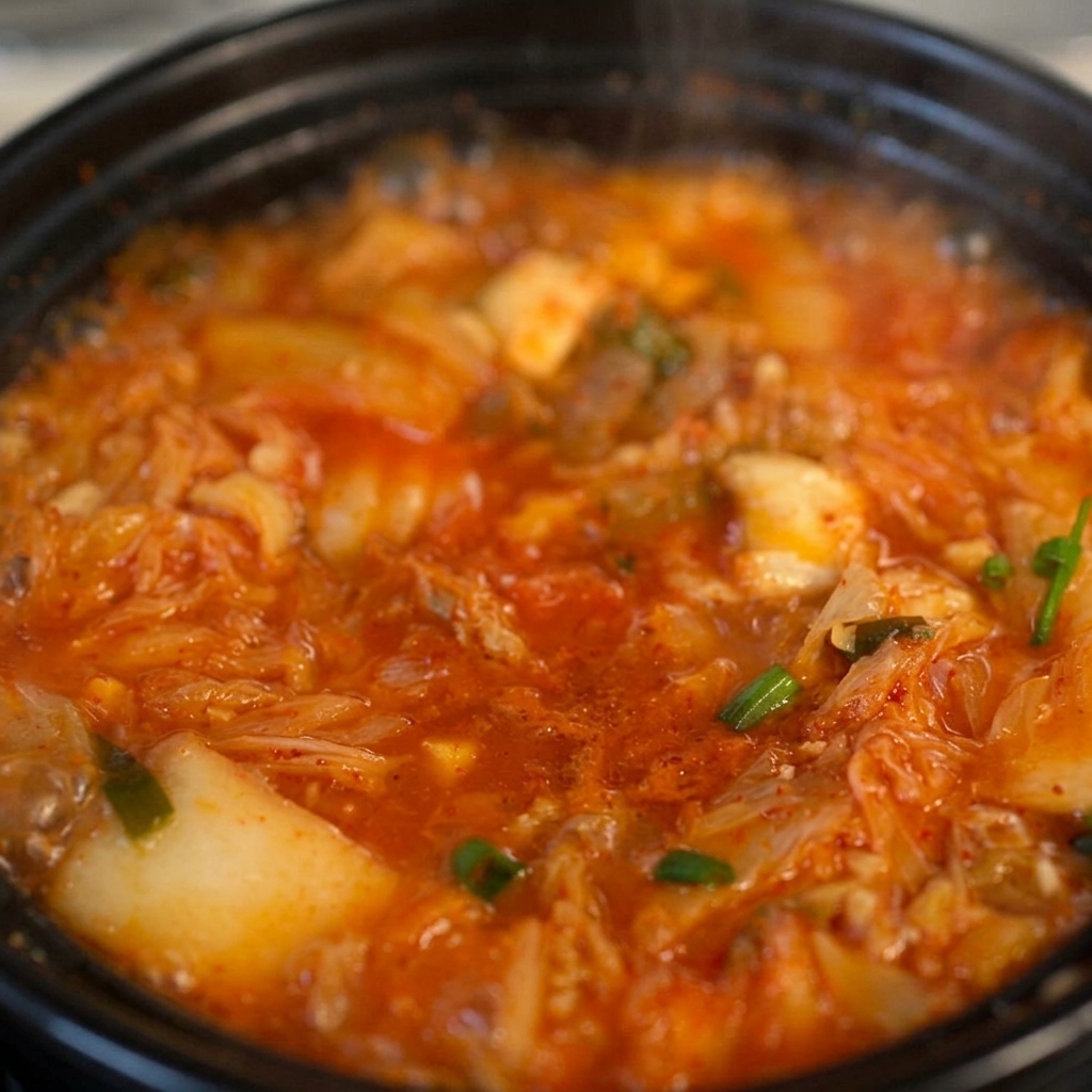 검은색 뚝배기 속 보글보글 끓는 새빨간 우삼겹 김치찌개 위에 송송 썬 초록빛 대파를 한 움큼 흩뿌리는 모습