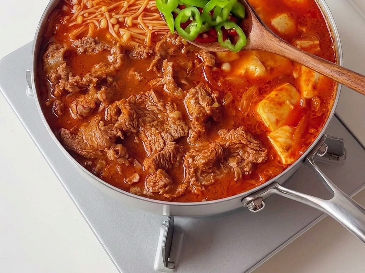 나무 숟가락을 이용해 보글보글 맛있게 끓은 소고기 김치찌개 중앙에 송송 썬 청홍고추를 흩뿌리는 모습.