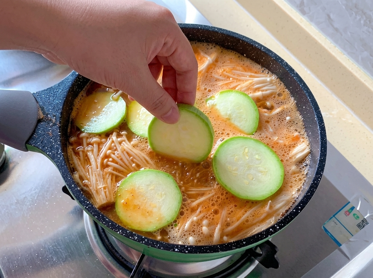 팽이버섯이 담긴 찌개 국물 위에 동글게 썬 초록색 애호박을 손으로 얹고 있는 모습