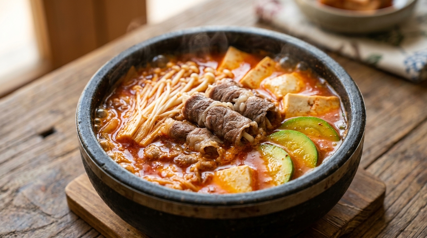 보글보글 끓는 뚝배기에 담긴 소고기 롤, 애호박, 팽이버섯이 어우러진 얼큰한 소고기 순두부 김치찌개