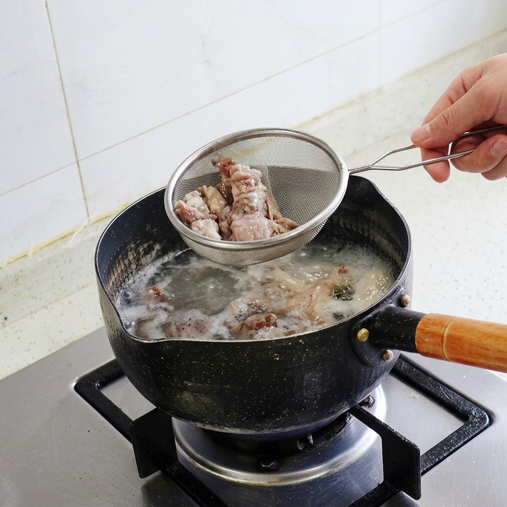데쳐낸 우삼겹을 체로 건져 올려 물기를 빼는 모습