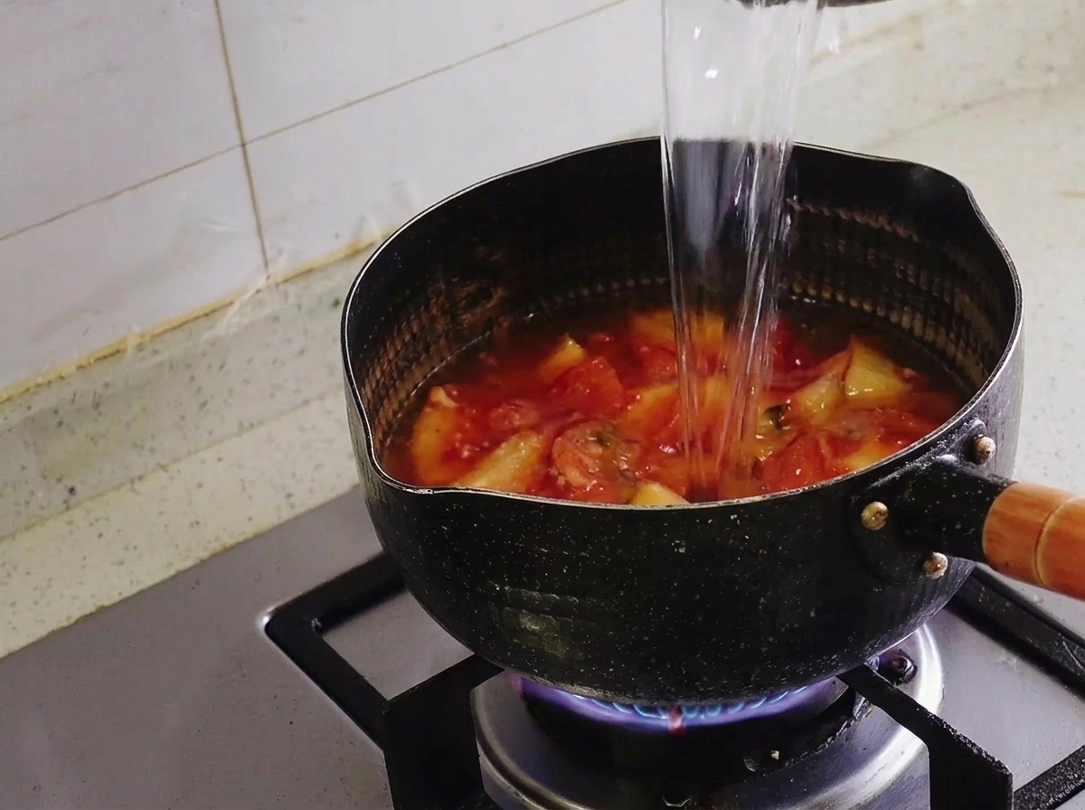 잘 볶아진 김치가 담긴 냄비에 깨끗한 물을 붓는 모습