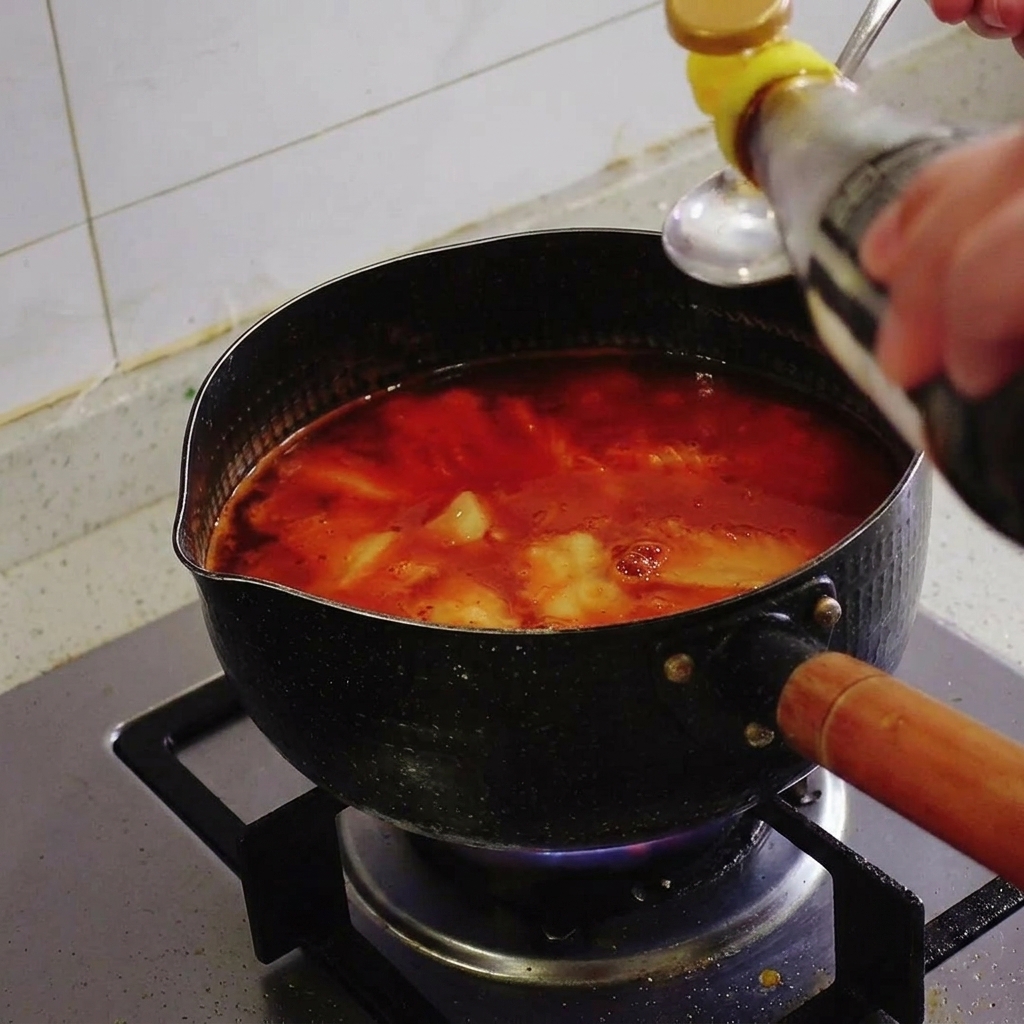 보글보글 끓는 김치찌개 국물에 숟가락으로 액젓을 넣는 모습