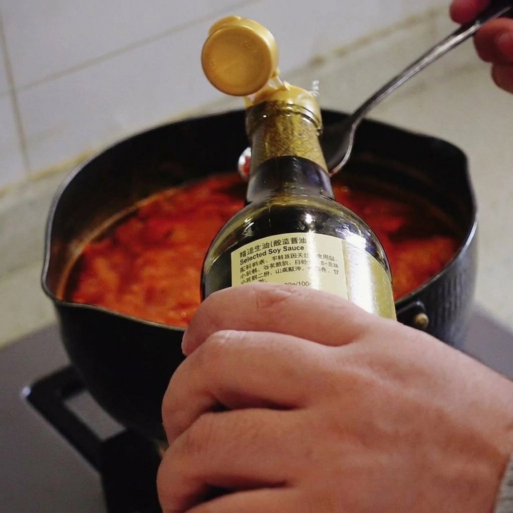숟가락을 사용해 끓는 찌개에 국간장을 더하는 모습