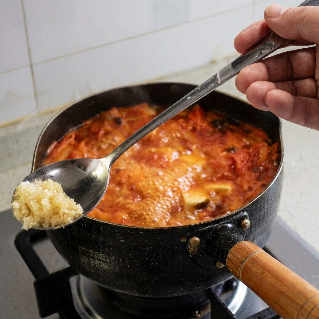 끓고 있는 김치 순두부찌개에 다진 마늘 한 스푼을 넣는 모습