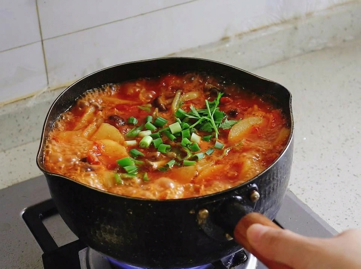 완성된 우삼겹 순두부 김치찌개 위에 송송 썬 대파를 뿌려 마무리하는 모습