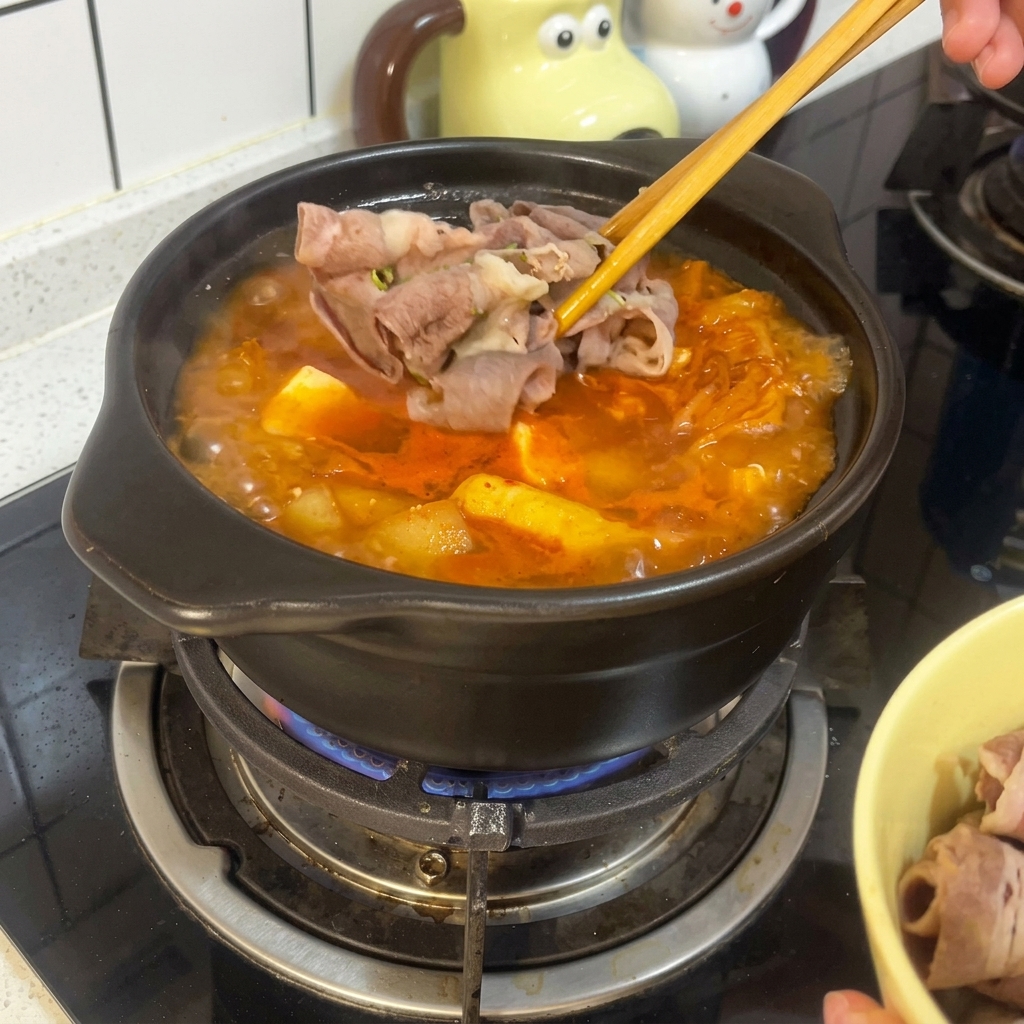 끓고 있는 김치찌개 위에 젓가락으로 데친 소고기를 얹고 있는 모습.