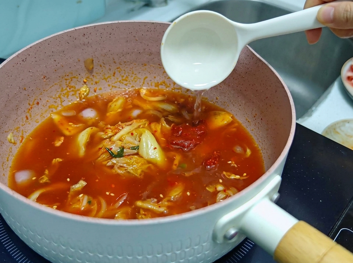 보글보글 끓어오르는 김치찌개 국물이 담긴 냄비에 국자로 깨끗한 물을 추가로 붓는 모습