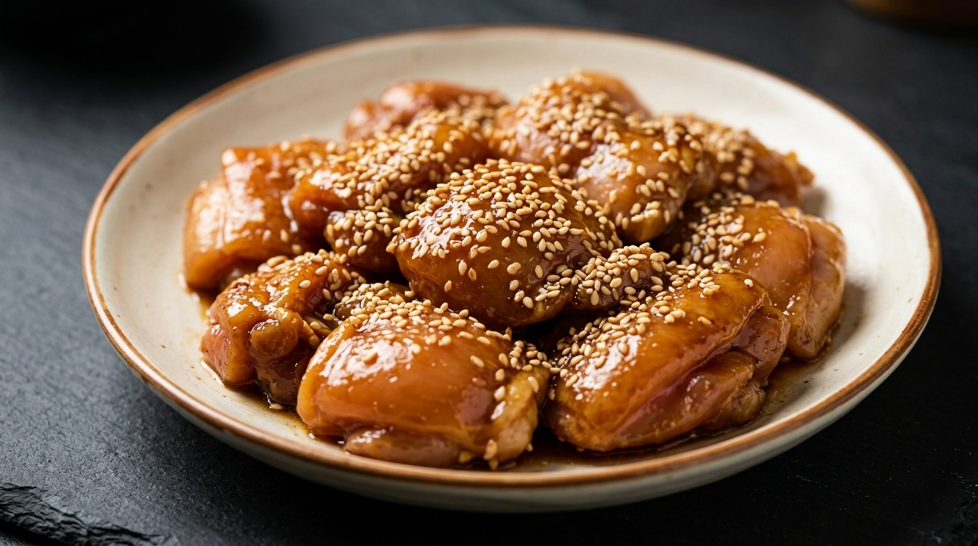 윤기 나는 바비큐 양념에 골고루 버무려진 뒤 흰 깨가 솔솔 뿌려진 생 닭다리살 조각들이 접시에 담겨 있다.