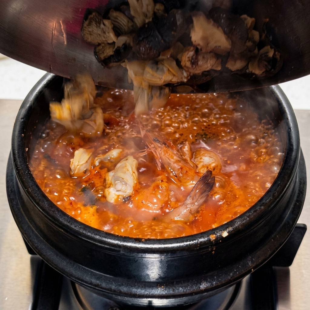 보글보글 맛있게 끓어오르는 붉은 김치찌개 국물 속으로 신선한 조개살과 통새우를 넣는 모습.