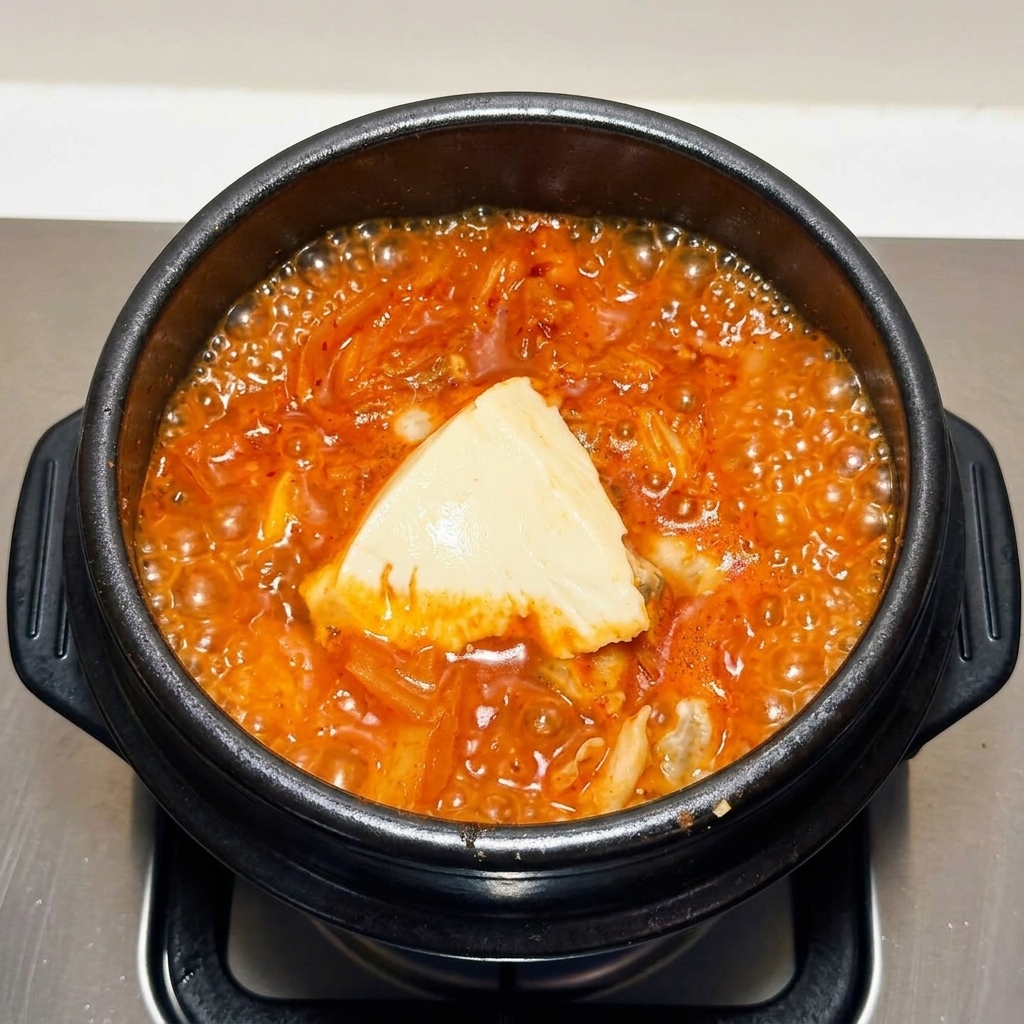 보글보글 끓어오르는 해물 김치찌개 한가운데에 큼직하고 매끄러운 흰색 순두부 한 덩이가 놓여 있는 모습.