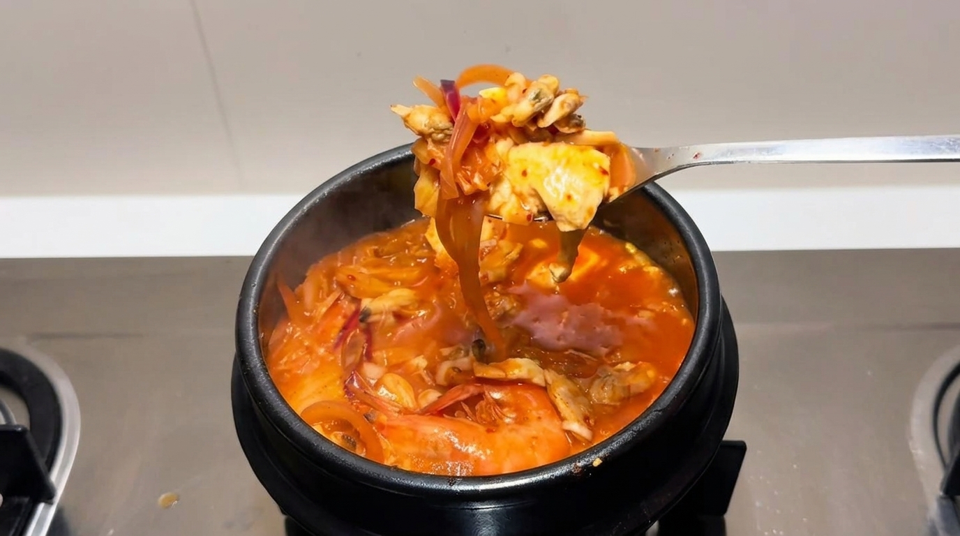 신선한 해산물과 부드러운 순두부가 가득 들어간 보글보글 끓는 조개 김치찌개 한 숟가락.