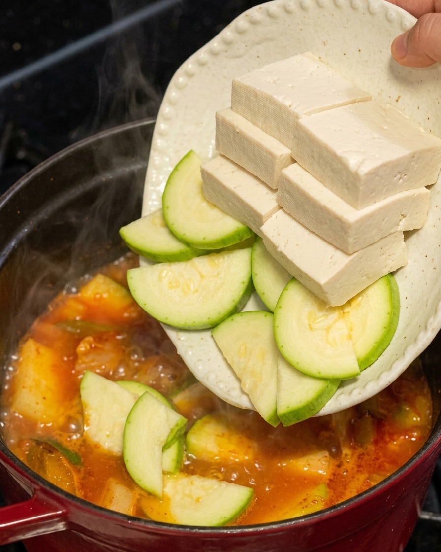 보글보글 끓는 빨간 김치찌개에 접시를 기울여 도톰하게 썬 두부와 반달 모양 애호박을 넣는 모습.