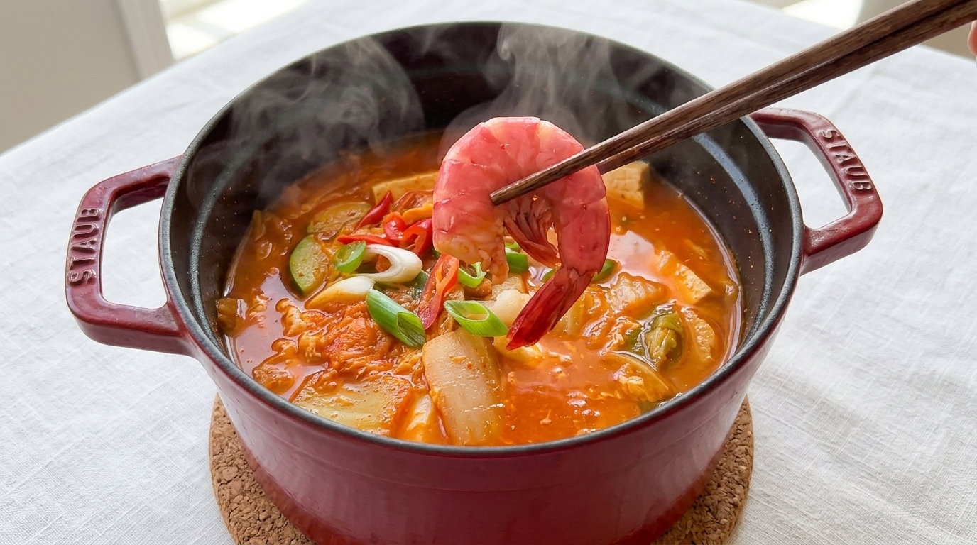 얼큰하고 시원한 해물 김치전골 (해물 김치찌개 레시피)