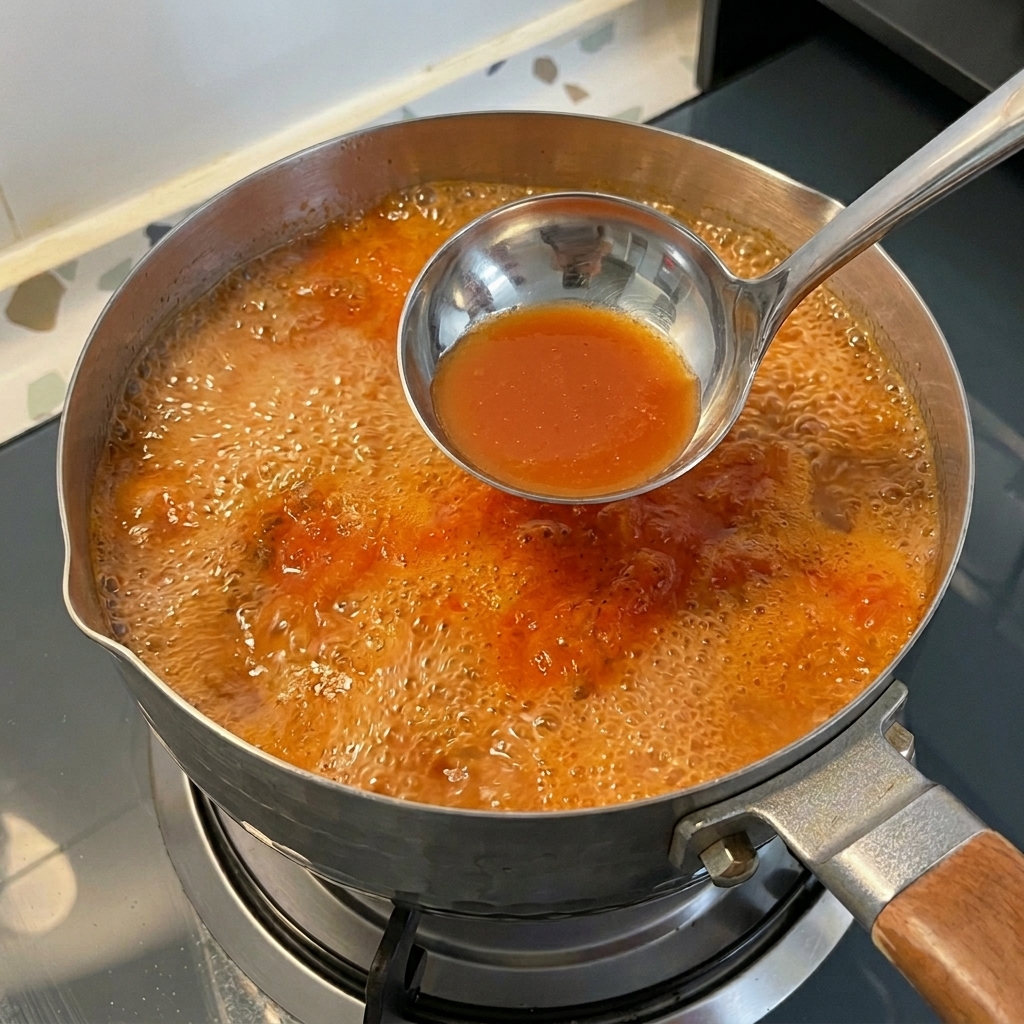 보글보글 끓어오르는 찌개 표면의 주황빛 거품을 국자로 조심스럽게 떠내는 모습