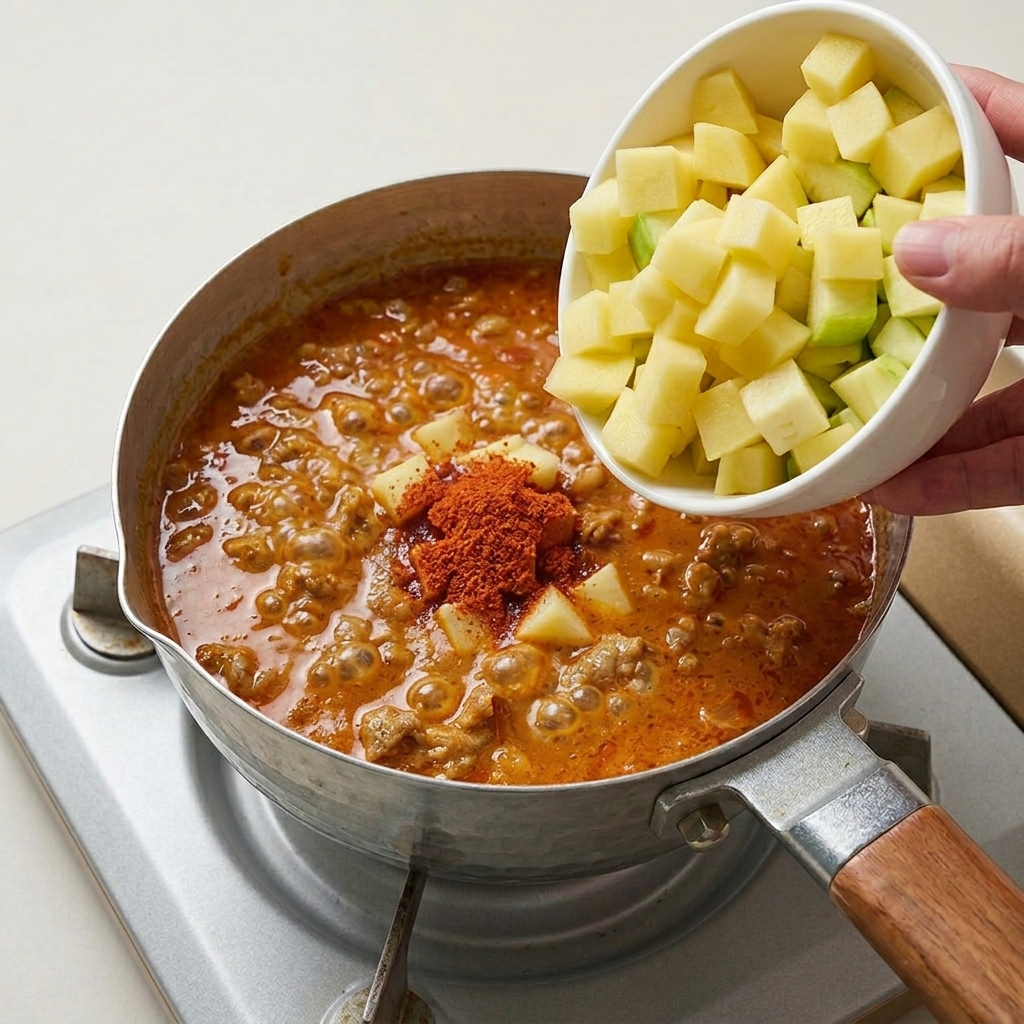 끓는 찌개에 그릇에 담긴 깍둑썰기한 감자와 애호박을 넣는 모습