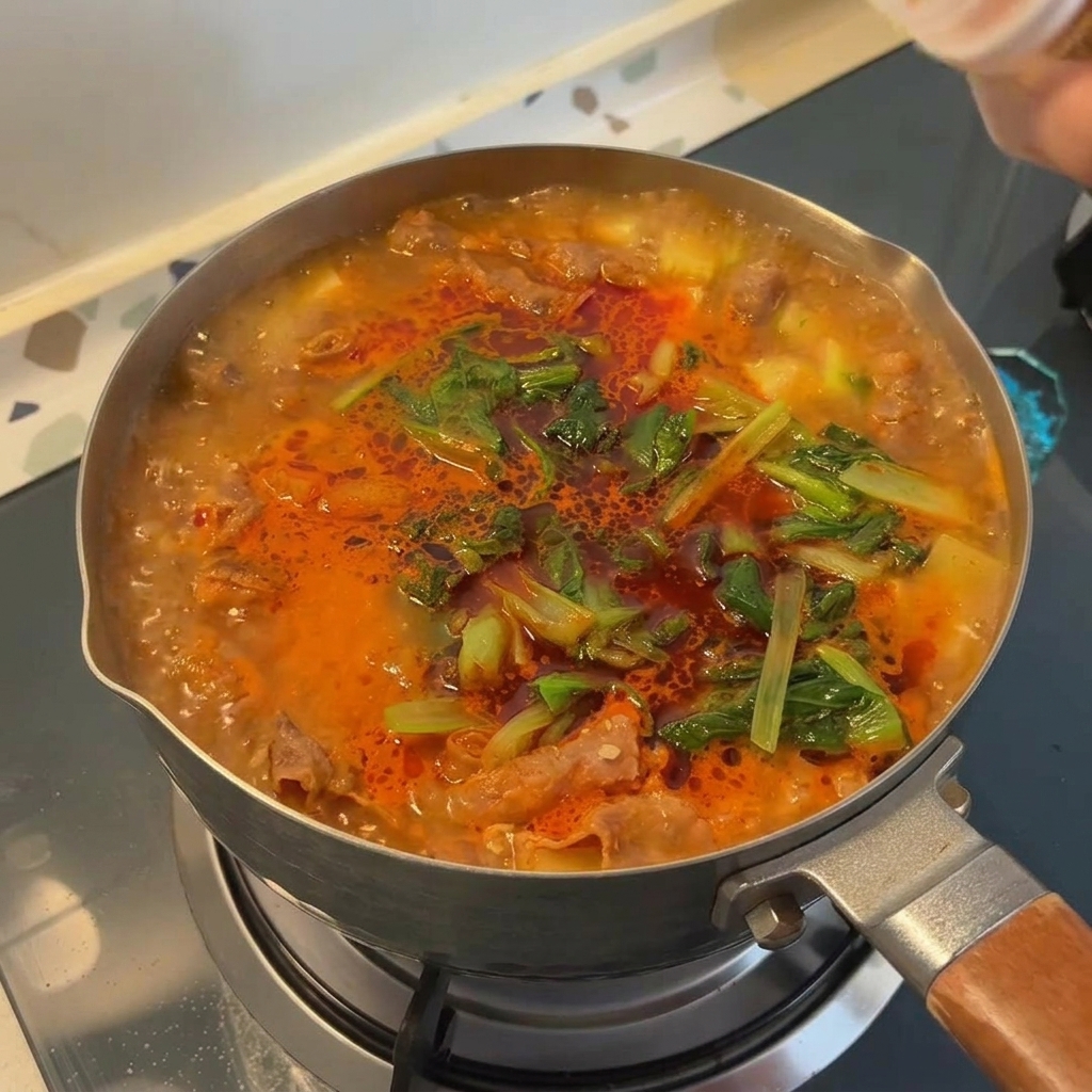청경채가 올라간 된장찌개 위에 감칠맛을 더할 쇠고기 조미료 가루를 뿌리는 모습