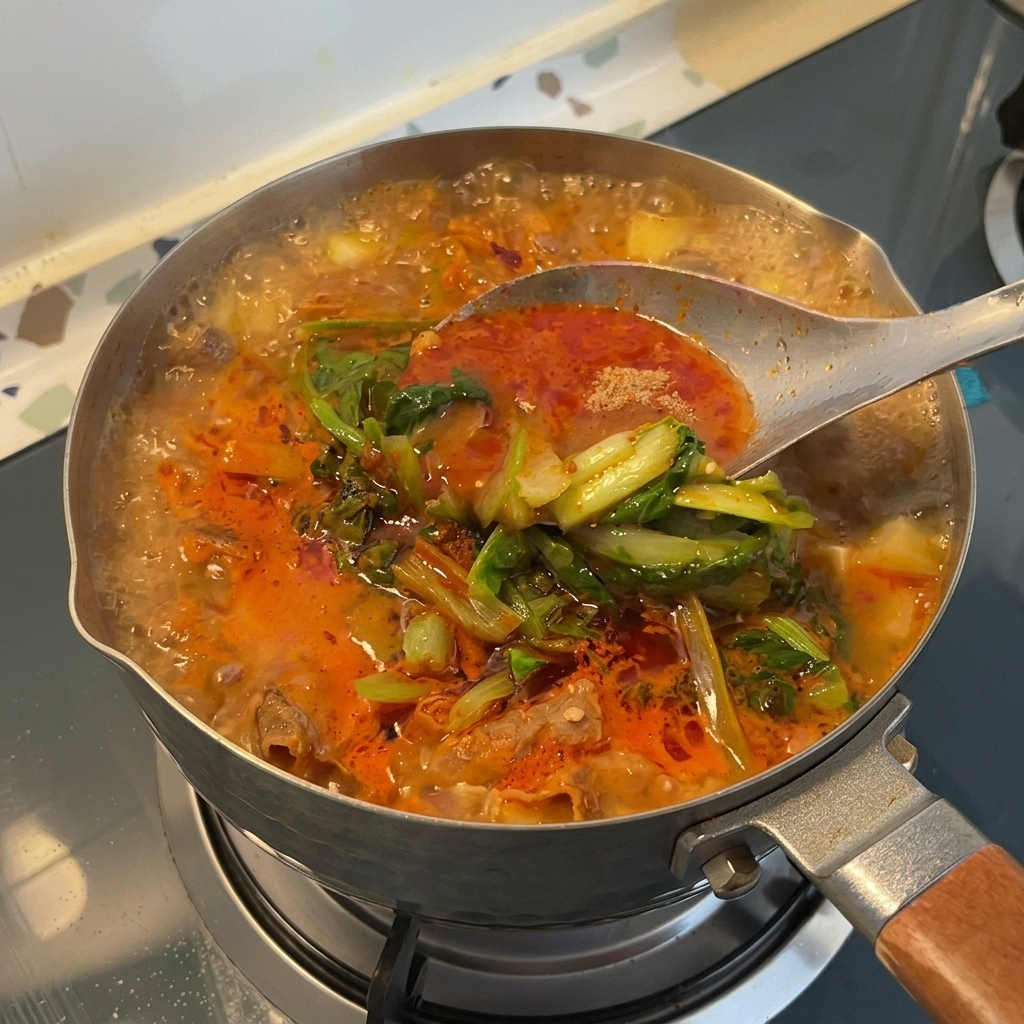 초록 채소와 고추기름이 어우러진 찌개를 커다란 숟가락으로 부드럽게 섞어주는 모습