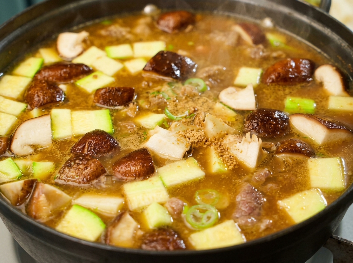 애호박과 표고버섯이 들어간 찌개 냄비에 다진 마늘과 소고기 다시다를 넣는 모습