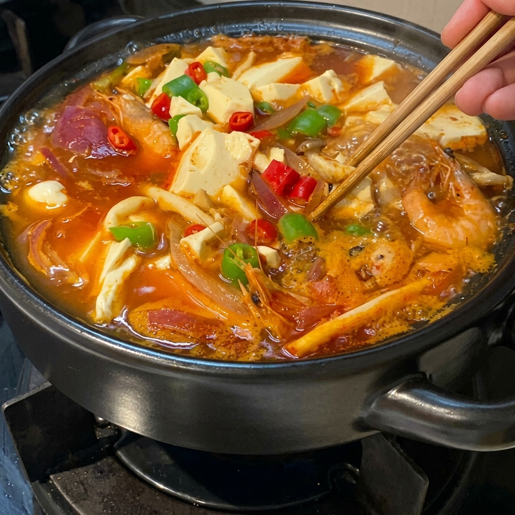 순두부, 새우, 자색 양파가 어우러진 뚝배기에 송송 썬 청양고추와 홍고추를 올린 후 나무 젓가락으로 정돈하는 완성된 모습.