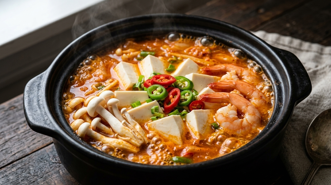 새우를 넣은 뜨끈한 김치 순두부찌개 레시피