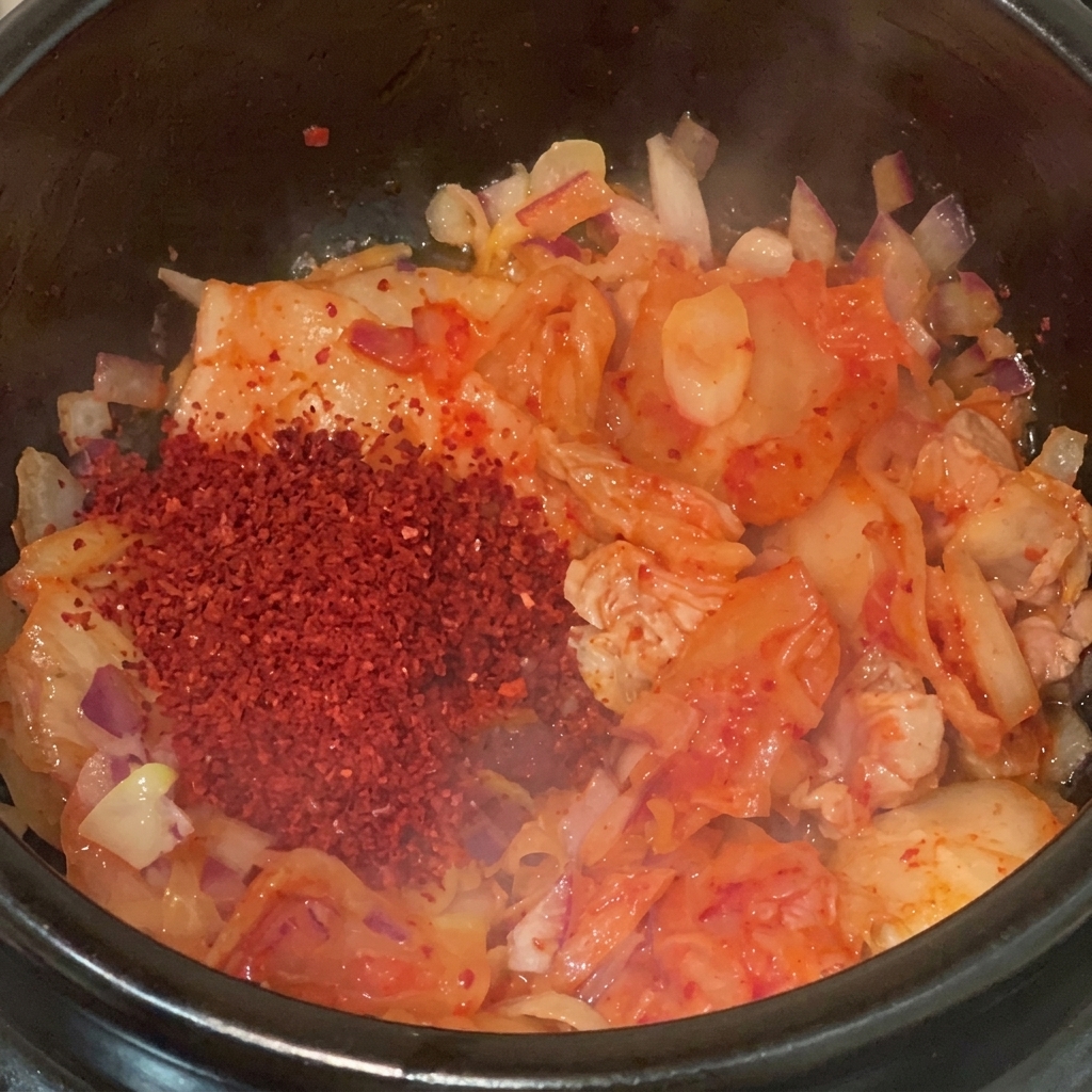 냄비 속 볶은 김치와 삼겹살 위에 두 가지 고춧가루를 올린 모습.