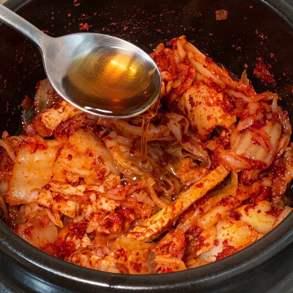 붉게 볶아진 김치와 삼겹살 위로 액젓을 붓는 모습.