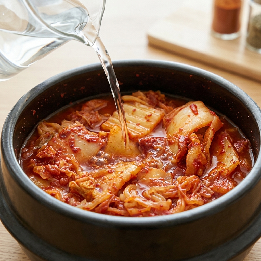 뚝배기 속 볶은 재료 위로 끓는 물을 붓는 모습.