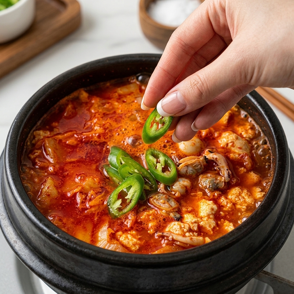 보글보글 끓는 붉은 김치찌개에 어슷하게 썬 청양고추를 넣는 모습.