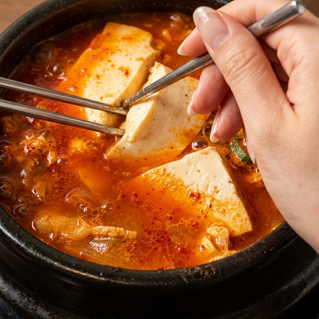 뚝배기에서 끓는 김치찌개 위에 대파와 김가루를 얹는 모습.