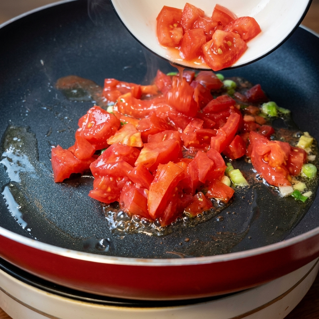 기름과 쪽파를 두른 뜨거운 팬에 깍둑썰기한 토마토를 넣는 모습.
