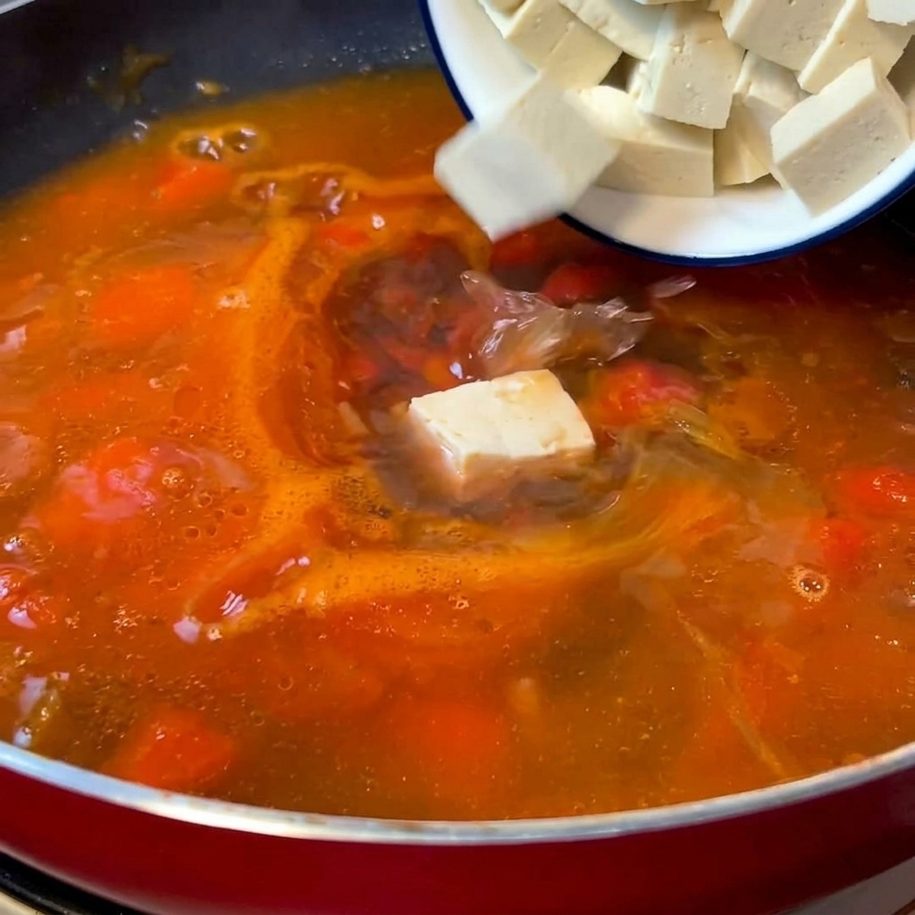 보글보글 끓는 토마토 육수에 깍둑썰기한 연두부를 넣는 모습.