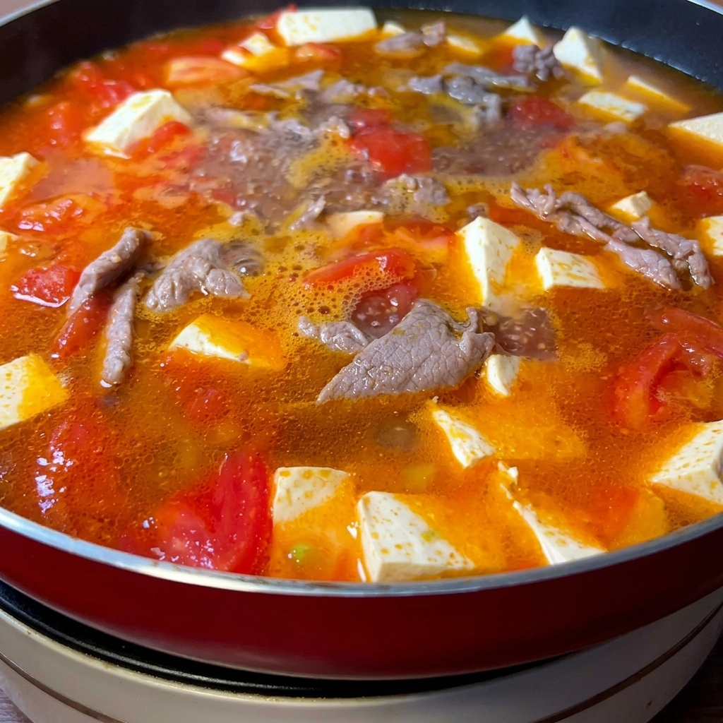 완성되어 보글보글 끓고 있는 토마토 두부 소고기국.